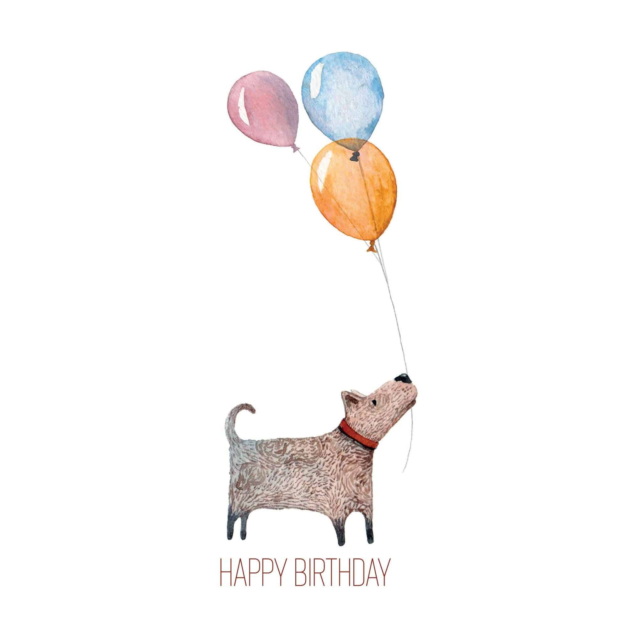 Colorful Pictura Terrier with Balloons birthday card featuring a cheerful dog and vibrant balloons for celebrating occasions.